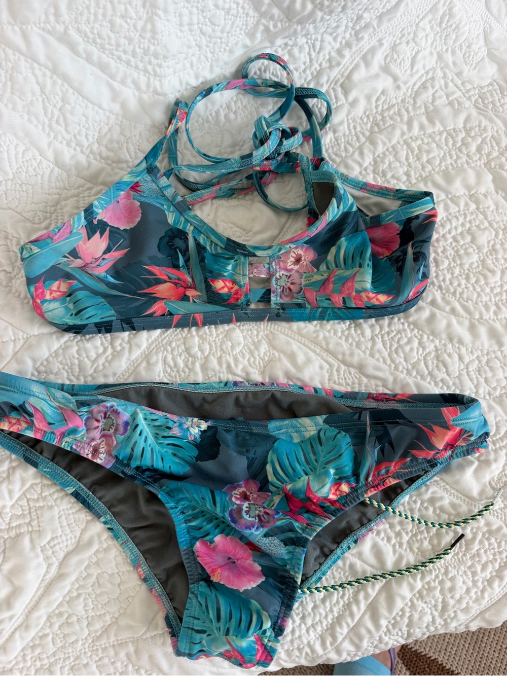 Jolyn Tomcat (Top) and Andy (Bottom) - Teal Tropical Floral Bikini Set - Size XL